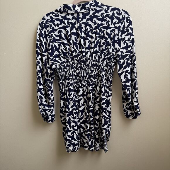 Anthropologie Maeve Alexa Bird Print Linen Blend Smocked Tunic Top Size Small - Picture 3 of 7